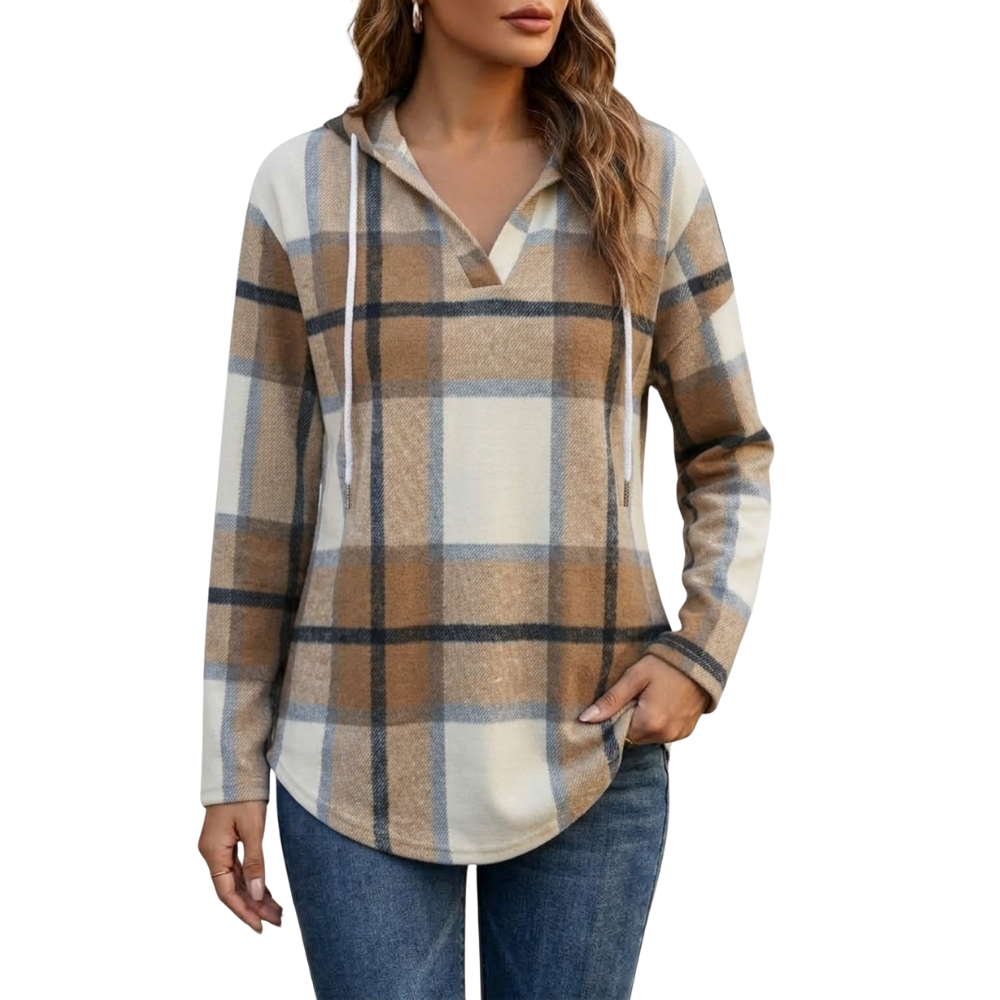 Softly Flattering Plaid Hoodie for Women -Khaki - Ozerty