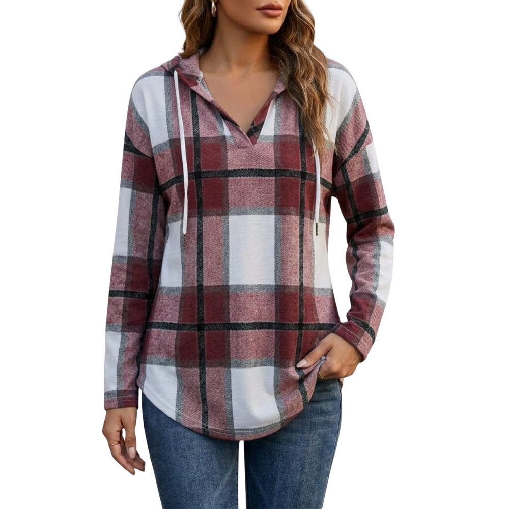 Softly Flattering Plaid Hoodie for Women -Red - Ozerty