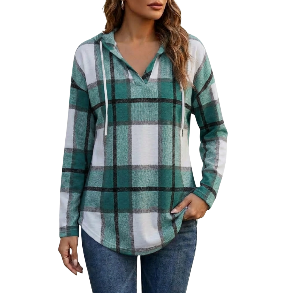 Softly Flattering Plaid Hoodie for Women -Green - Ozerty