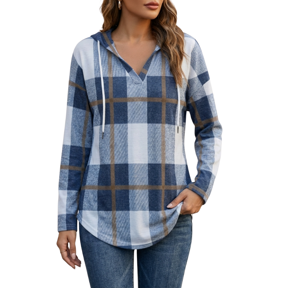 Softly Flattering Plaid Hoodie for Women -Light Blue - Ozerty