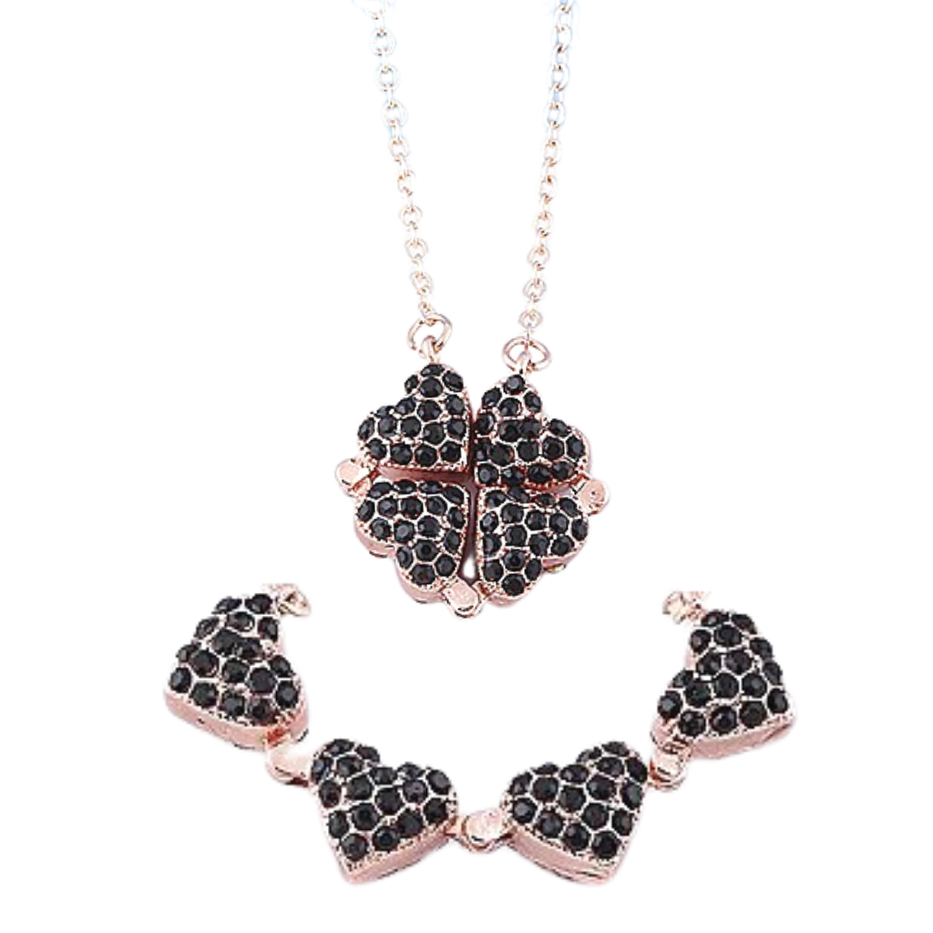 Adjustable 4 Leaf Clover Heart Necklace -Black - Ozerty