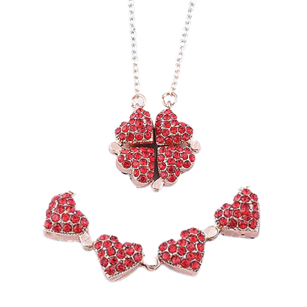 Adjustable 4 Leaf Clover Heart Necklace -Red - Ozerty