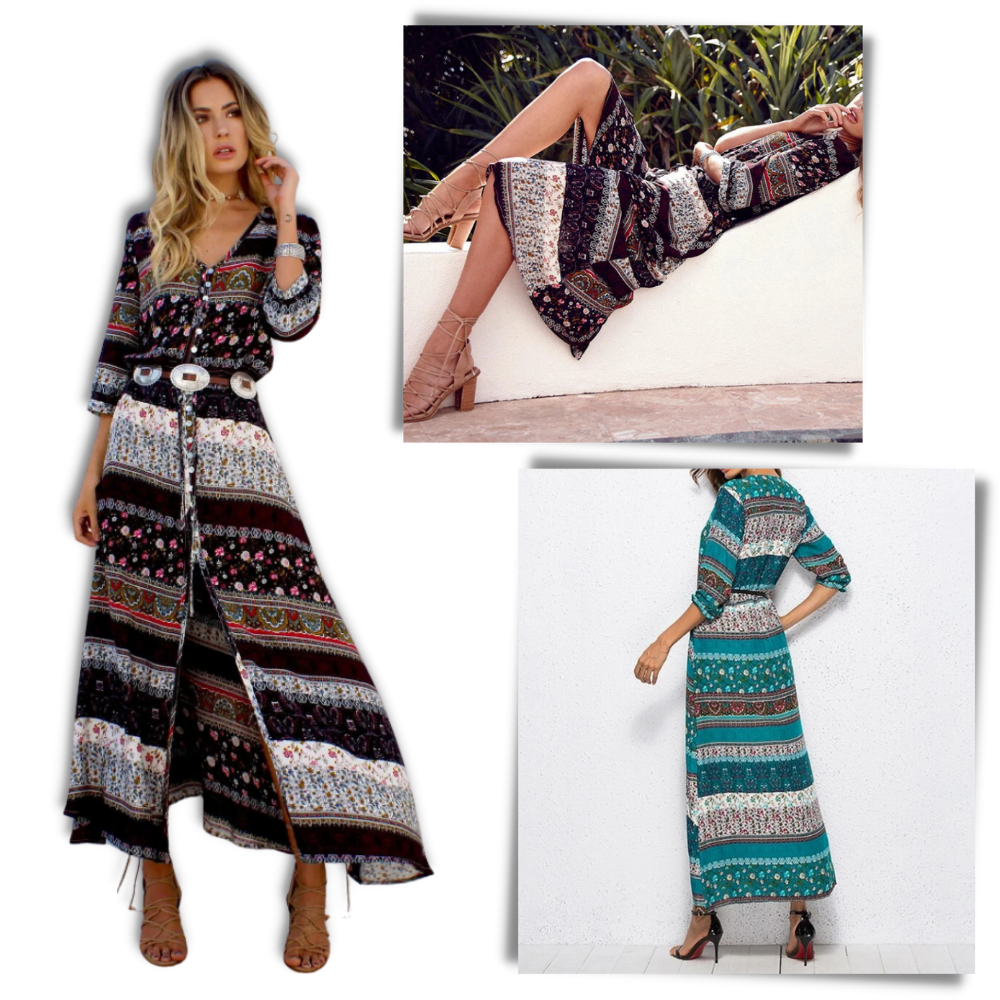 Bohemian V-Neck Maxi Dress - Ozerty