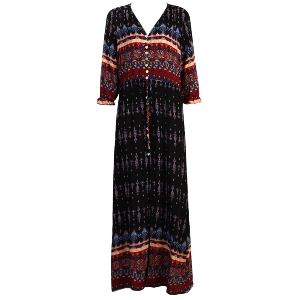 Bohemian V-Neck Maxi Dress -Black - Ozerty