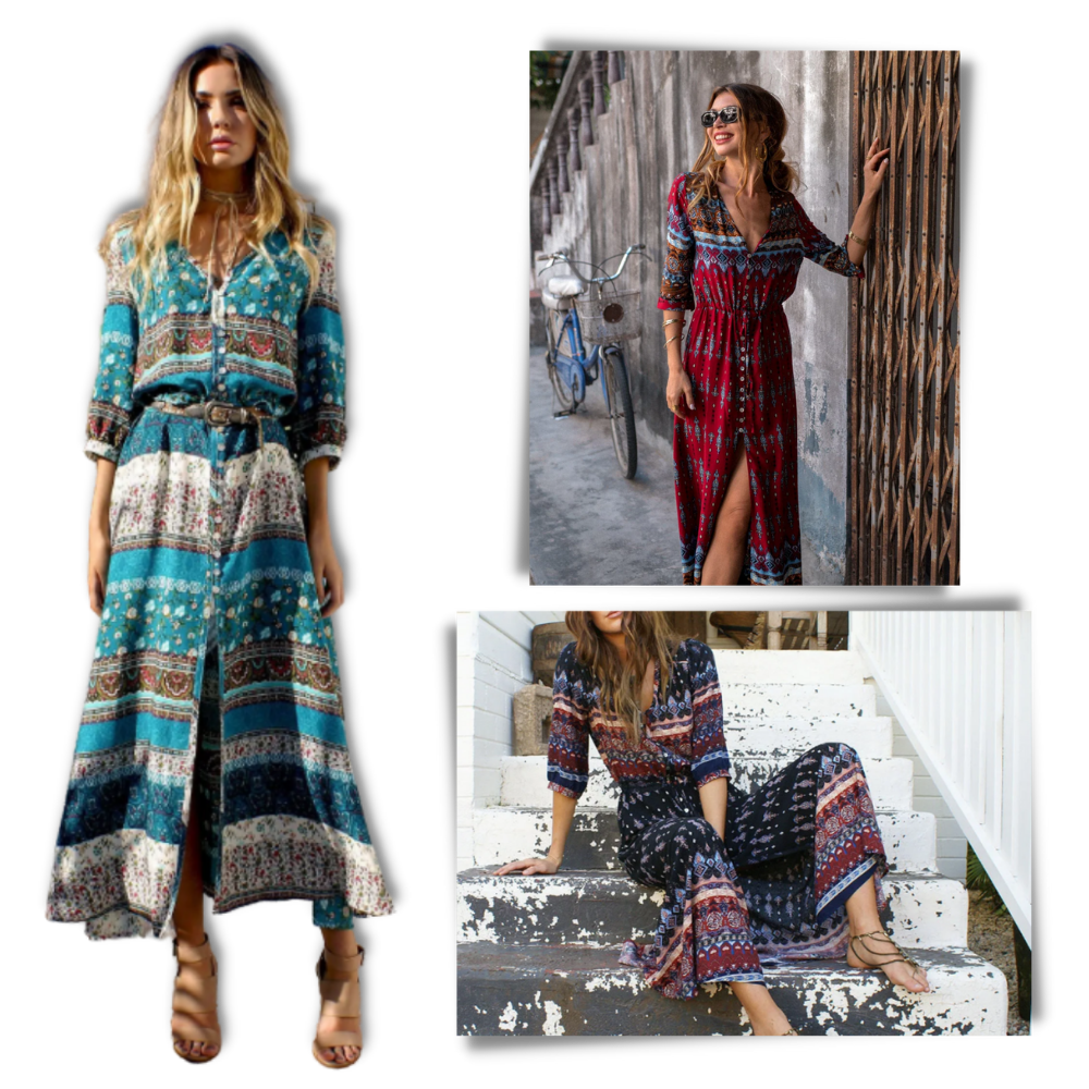 Bohemian V-Neck Maxi Dress - Ozerty