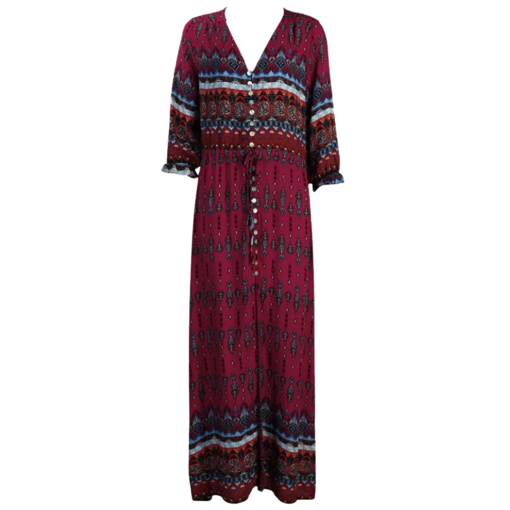 Bohemian V-Neck Maxi Dress -Red - Ozerty