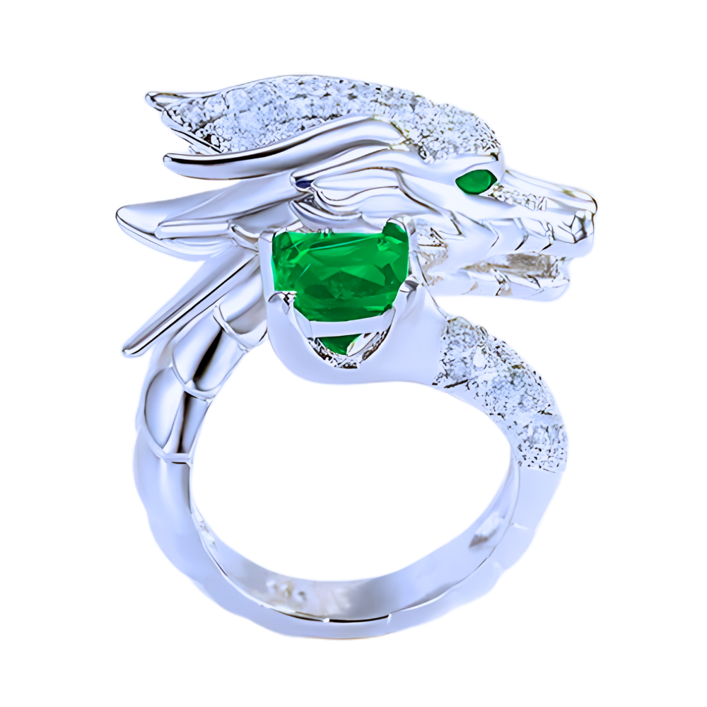 Unique Handmade Silver Dragon Ring  -Green - Ozerty