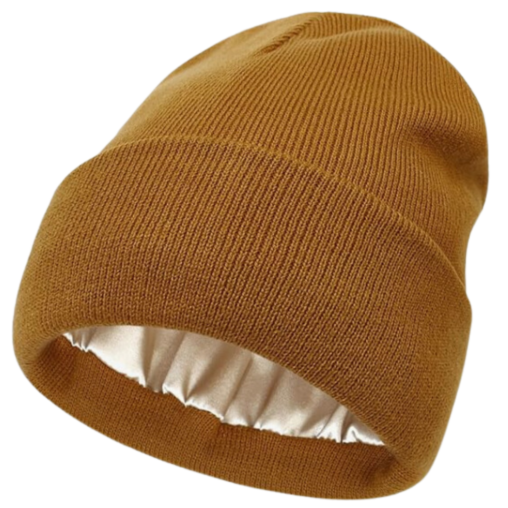 Warm Knit Satin Lined Beanie -Caramel  - Ozerty