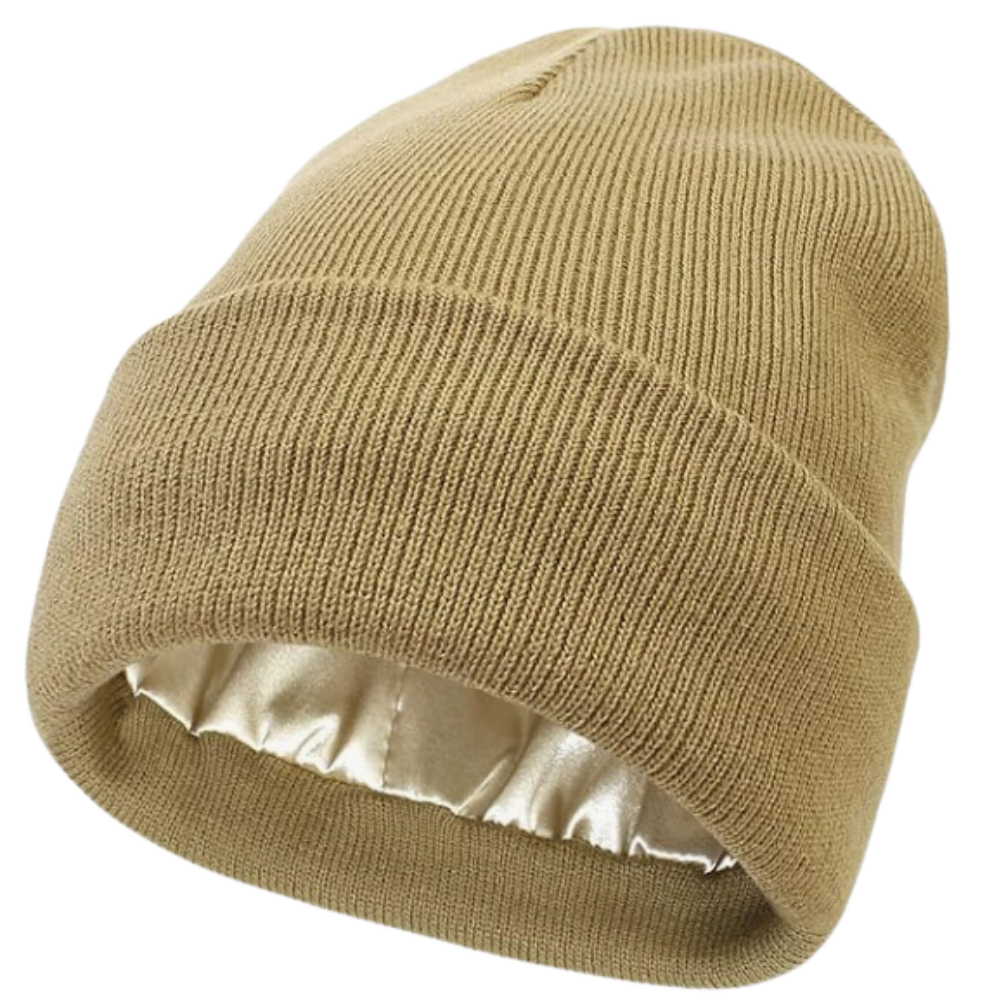 Warm Knit Satin Lined Beanie -Khaki - Ozerty