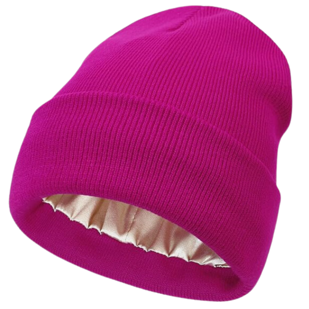 Warm Knit Satin Lined Beanie -Rose Red - Ozerty