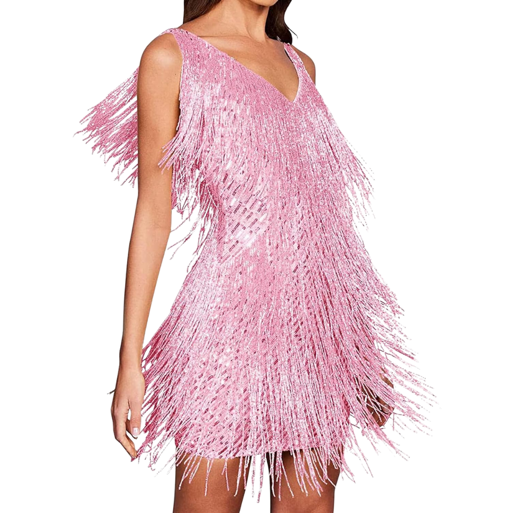 Sequin V-Neck Slip Dress  -Pink - Ozerty